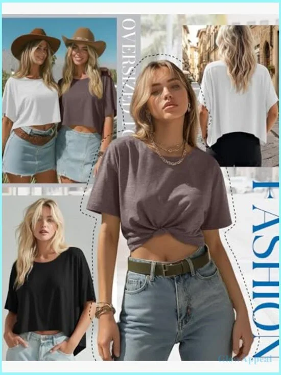 Oversized Cropped T-Shirt 3 Pack, Polyester Rayon Spandex, Workout Casual - Picture 5 of 7